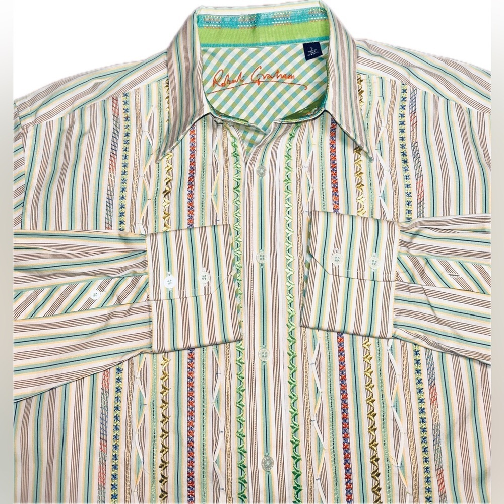 Robert Graham Embroidered Bold Colorful Vibrant Striped Button-Down Shirt L